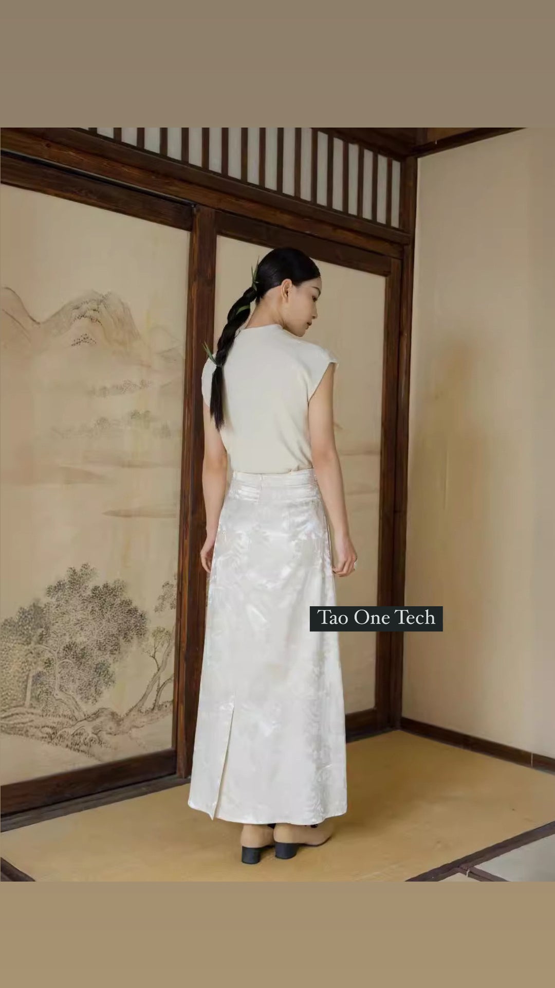 Tao One Tech™ • High Waist A-Line Skirt • Silky Floral Jacquard • Tao Tassel Belt • High Vibrational Art