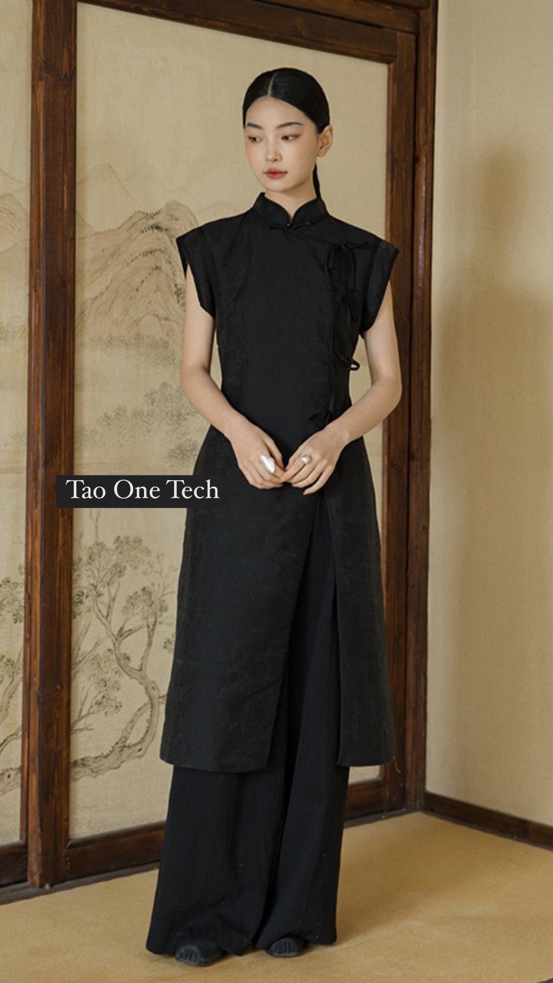 Tao One Tech™ • Long Cheongsam Shirt Dress • Bamboo Calligraphy Jacquard • Heaven's Silk • 5 Element Buckles • High Vibrational Art