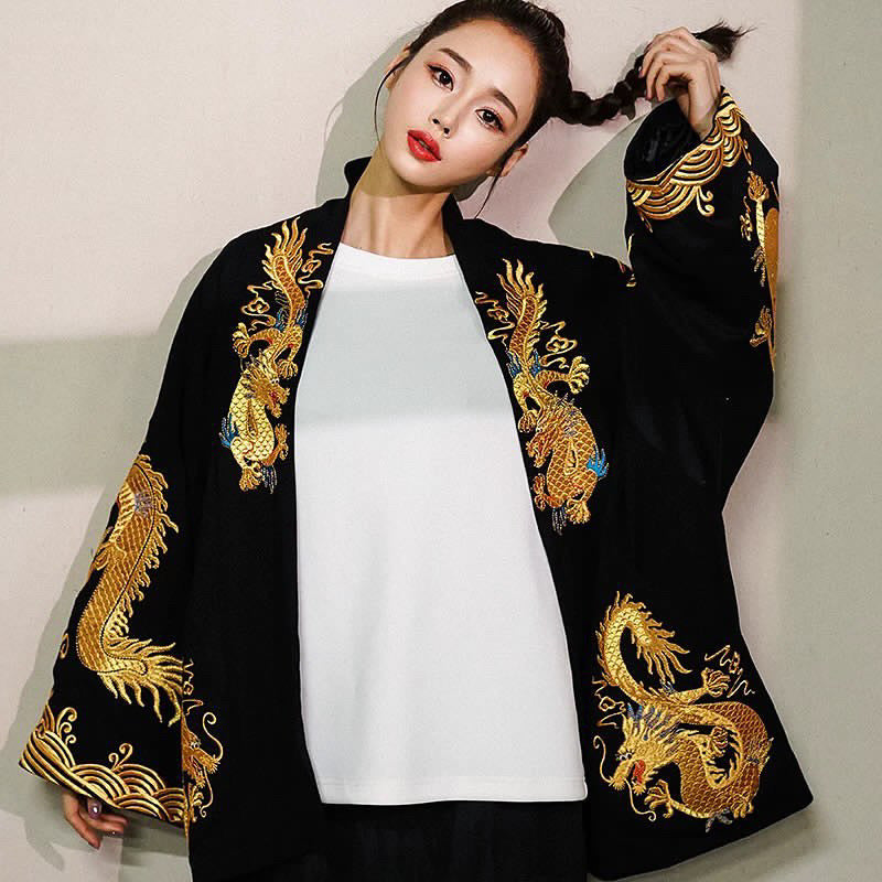 Tao Double Tech™ • Yin • Tao Golden Dragon Kimono Coat • Golden Ratio Tailoring • Flowy • Thermal Double-Layer • High Vibrational Art • Handmade Dragon Embroidery