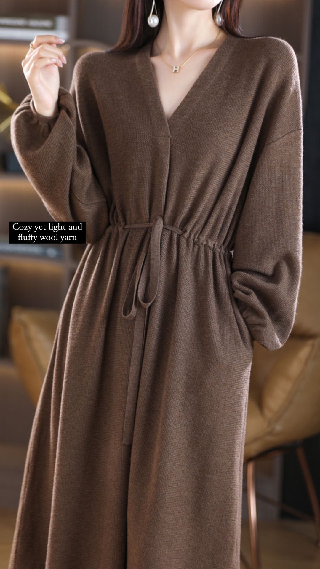 Tao Thermal Tech™ • Cozy Tie Waist Cashmere Dress • V-Neck • 100% Australian Wool • High Vibrational Frequency