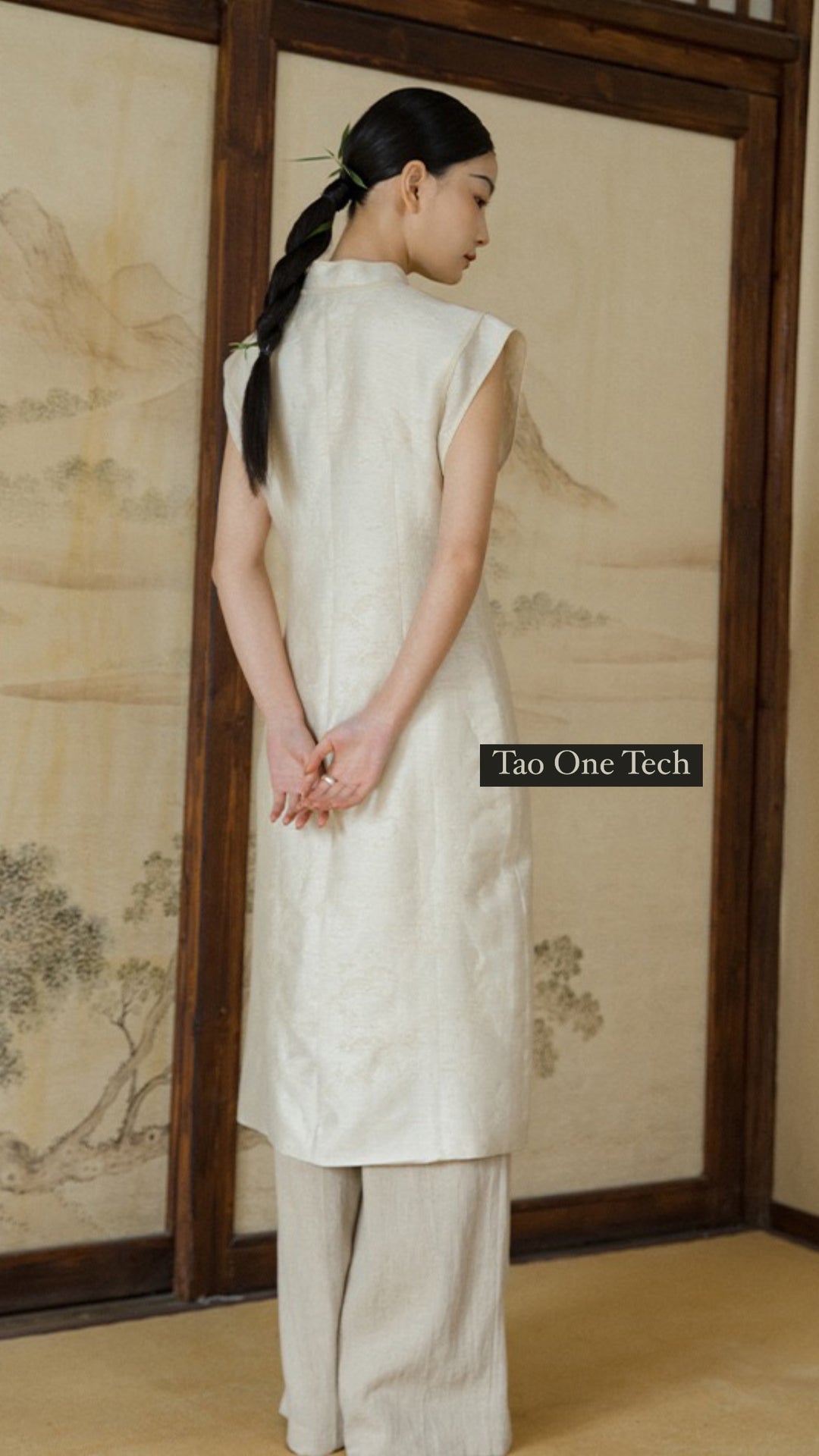 Tao One Tech™ • Long Cheongsam Shirt Dress • Bamboo Calligraphy Jacquard • Heaven's Silk • 5 Element Buckles • High Vibrational Art