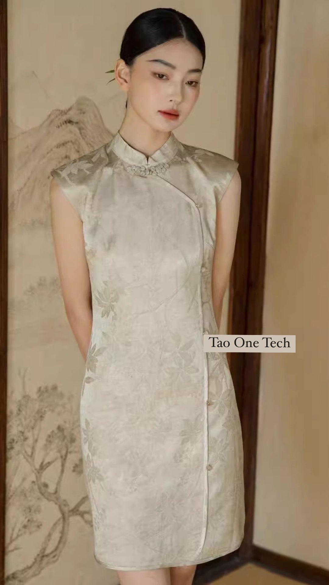 Tao One Tech™ • Midi Cheongsam Dress • Silky Floral Jacquard • Tao Flower Button • Pearl-Like Buttons • High Vibrational Art