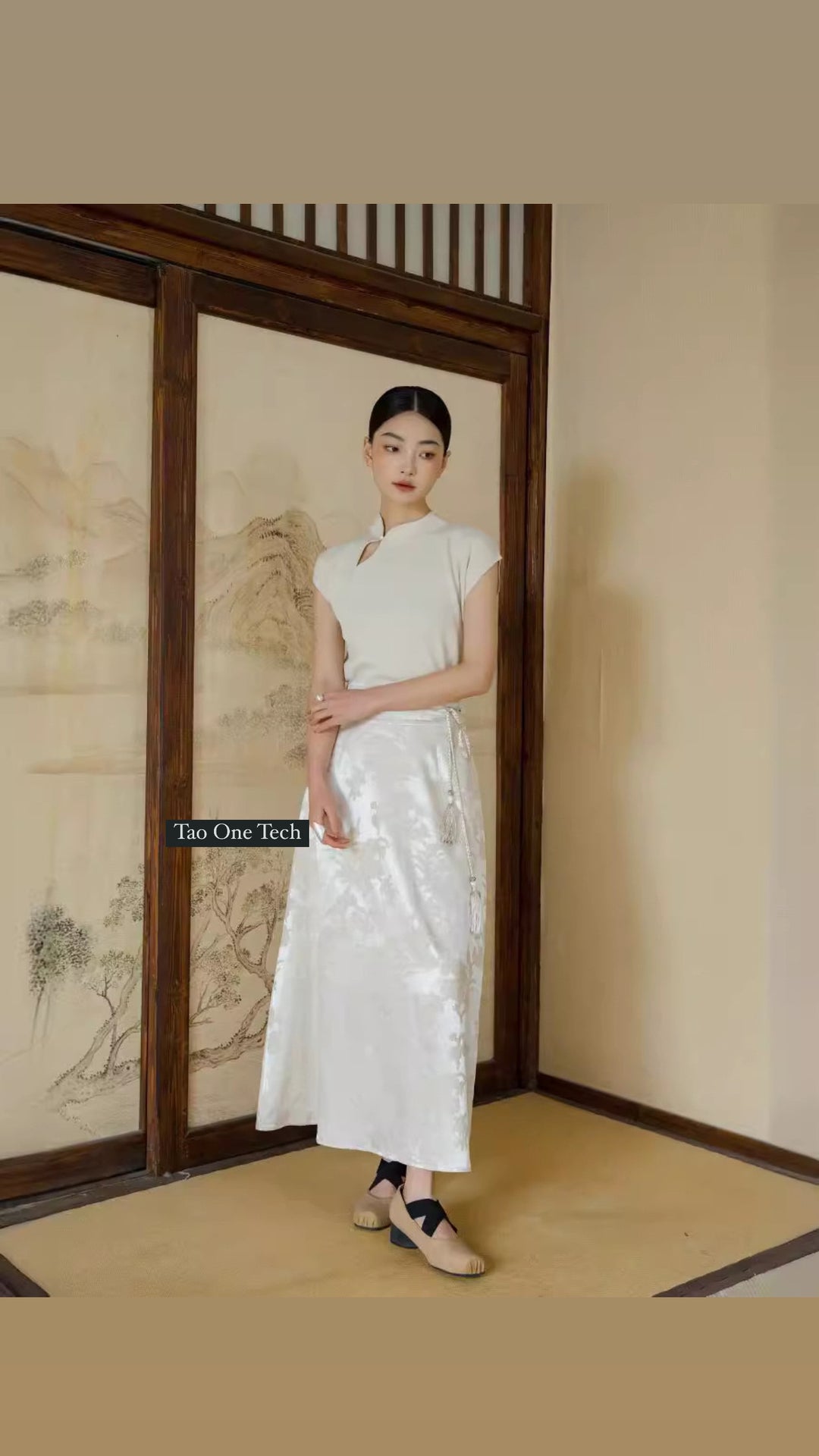 Tao One Tech™ • High Waist A-Line Skirt • Silky Floral Jacquard • Tao Tassel Belt • High Vibrational Art