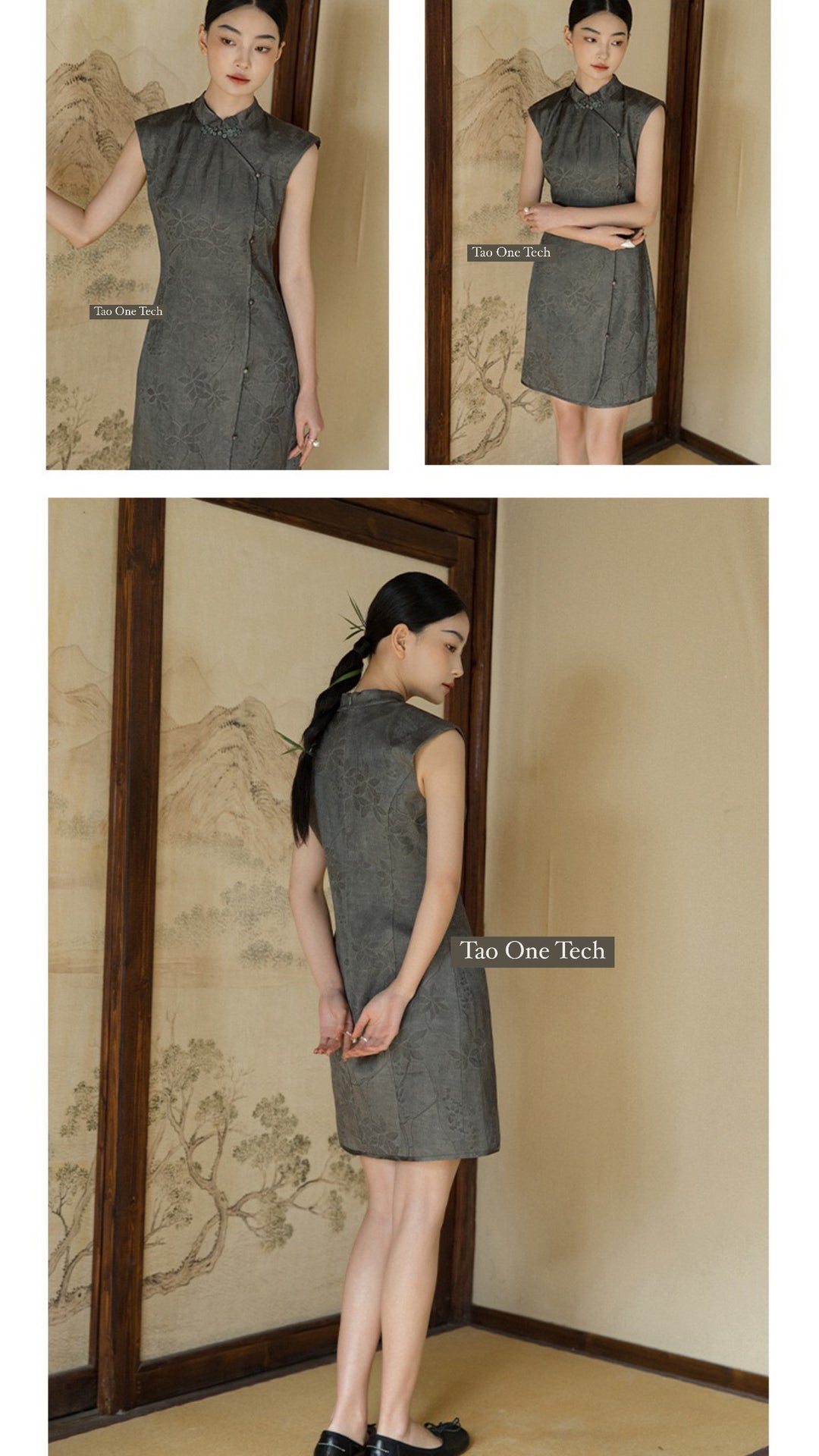 Tao One Tech™ • Midi Cheongsam Dress • Silky Floral Jacquard • Tao Flower Button • Pearl-Like Buttons • High Vibrational Art