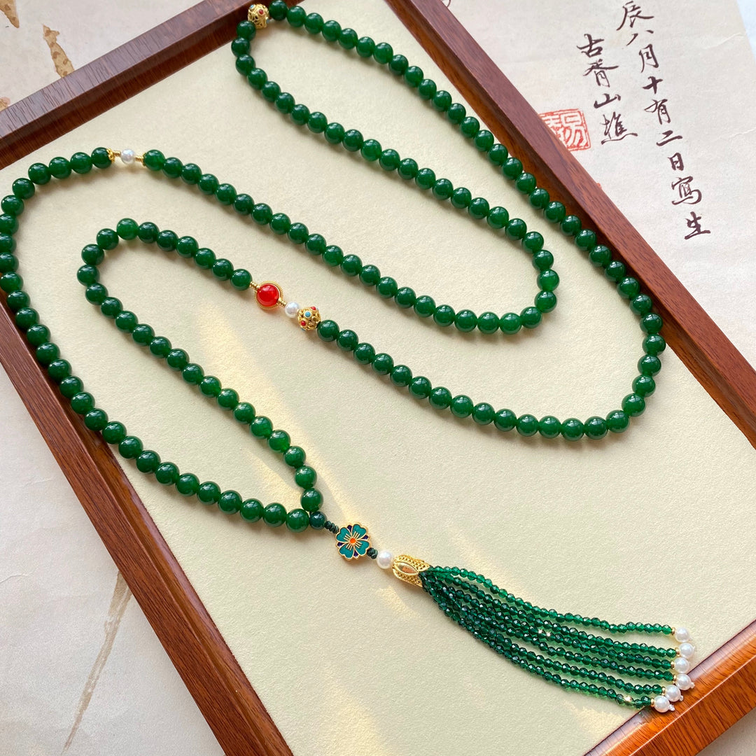 Tao One Tech™ • Jade Agate Jasper Necklace • 108 Beads with Pearl Crystal Tassel • Gold Plate Sacred Art Objects • Cross-Body Chain • Includes Jade Velvet Gift Box • High Vibrational Frequency
