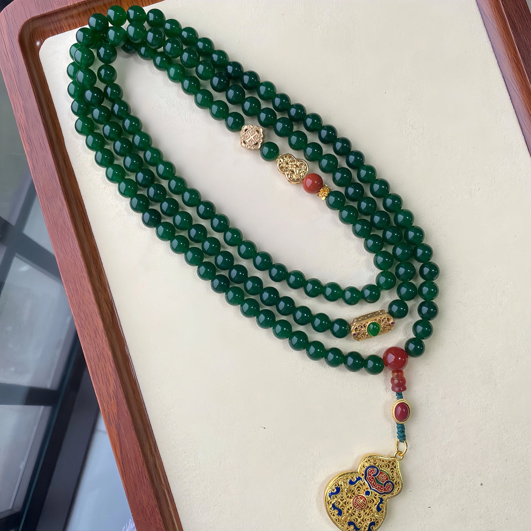 Tao One Tech™ • Jade Agate Jasper Necklace • 108 Beads with Pearl Crystal Tassel • Gold Plate Sacred Art Objects • Cross-Body Chain • Includes Jade Velvet Gift Box • High Vibrational Frequency
