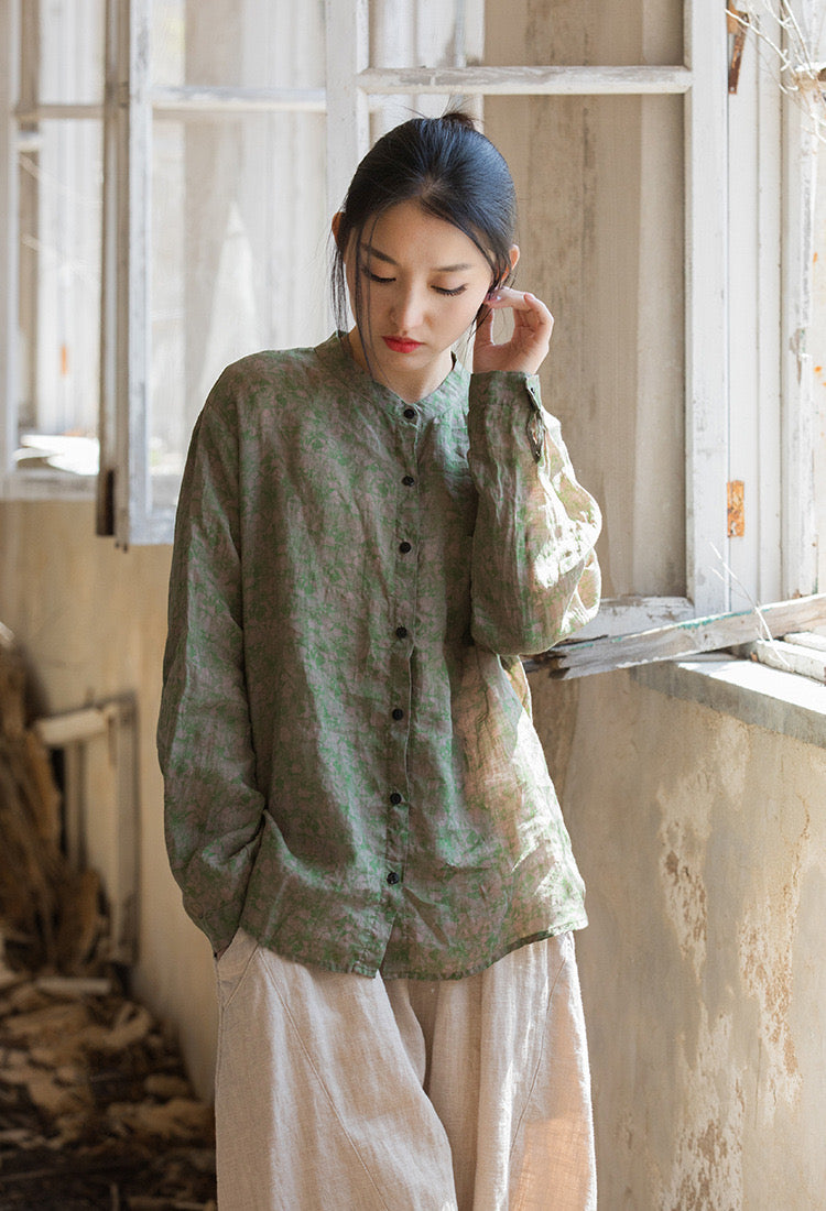 The Dao 道 of Zen Western Button-Up Top in Tie Dye and Floral Roses • Linen Ramie Sunscreen Layer • Flowy Qi, Breathable, Durable