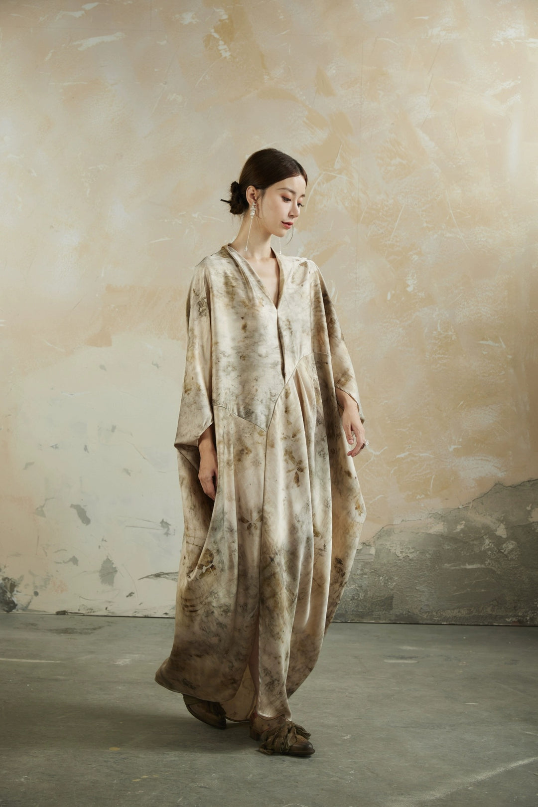 Tao One Tech™ Elegant Tao Moon Dress • Bat / Butterfly Sleeves • Black Velvet • Silky Beige Plant Art