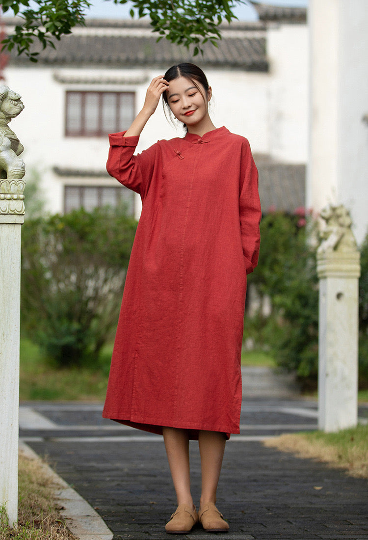 Heaven & Earth Denim Qipao Dress • Cheongsam 旗袍 • Thick • Breathable • Long-Sleeves • Pockets
