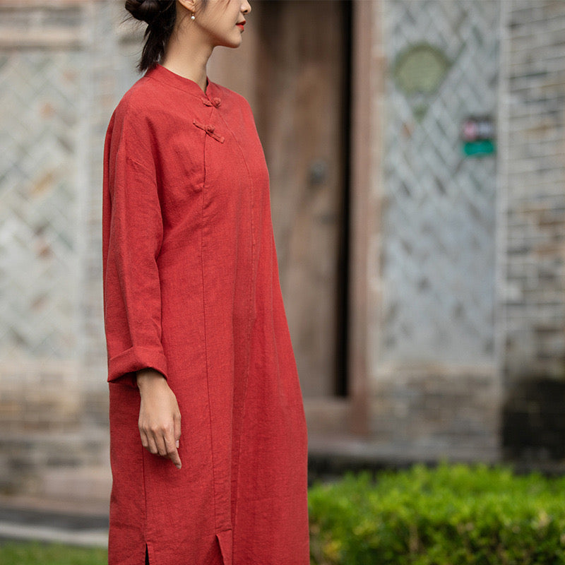 Heaven & Earth Denim Qipao Dress • Cheongsam 旗袍 • Thick • Breathable • Long-Sleeves • Pockets