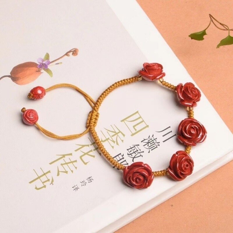 Cinnabar Jade Rose Bracelet • 5 Elements of Roses • Hand Weave Knots & Rose Carvings