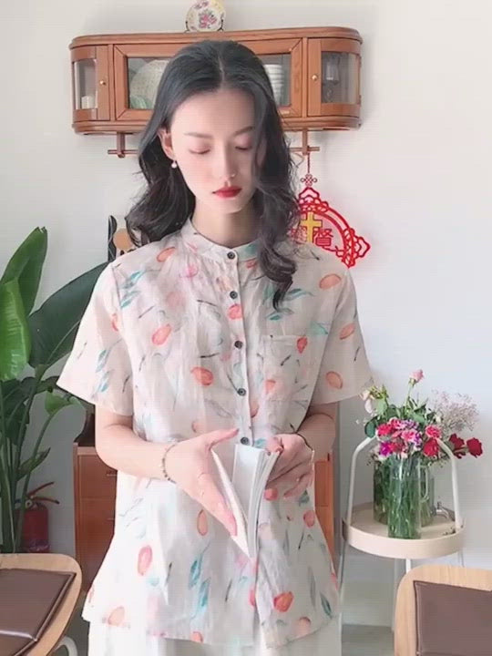 Elegant Floral Waterpaint Blouse • Short-Sleeves • Linen