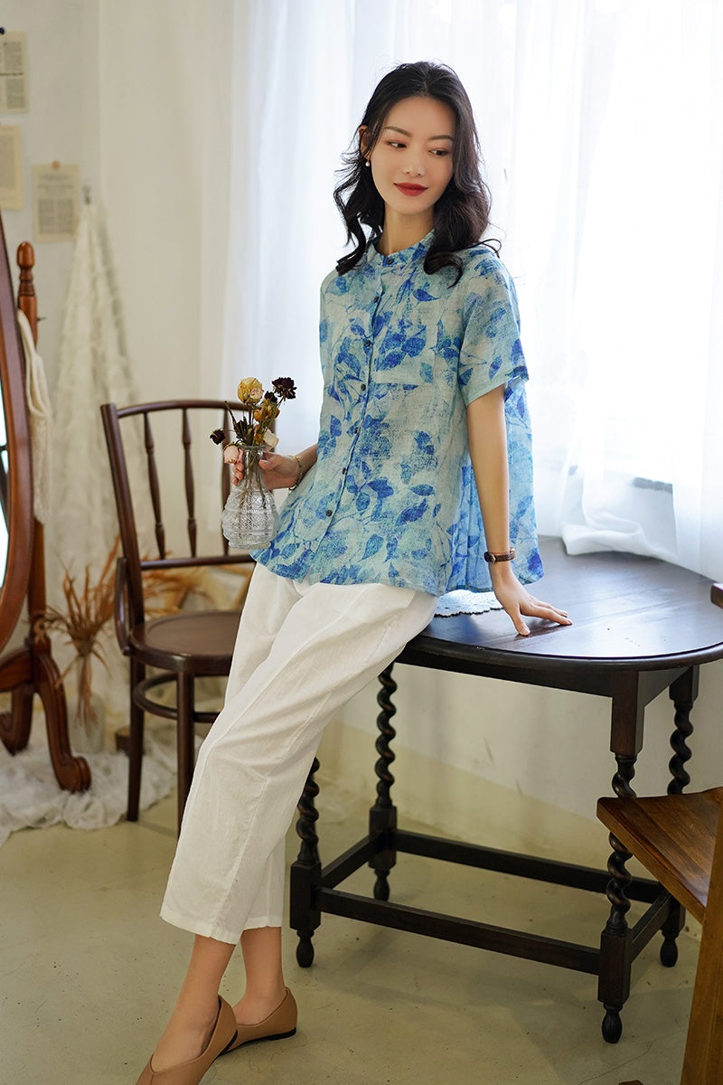 Elegant Floral Waterpaint Blouse • Short-Sleeves • Linen
