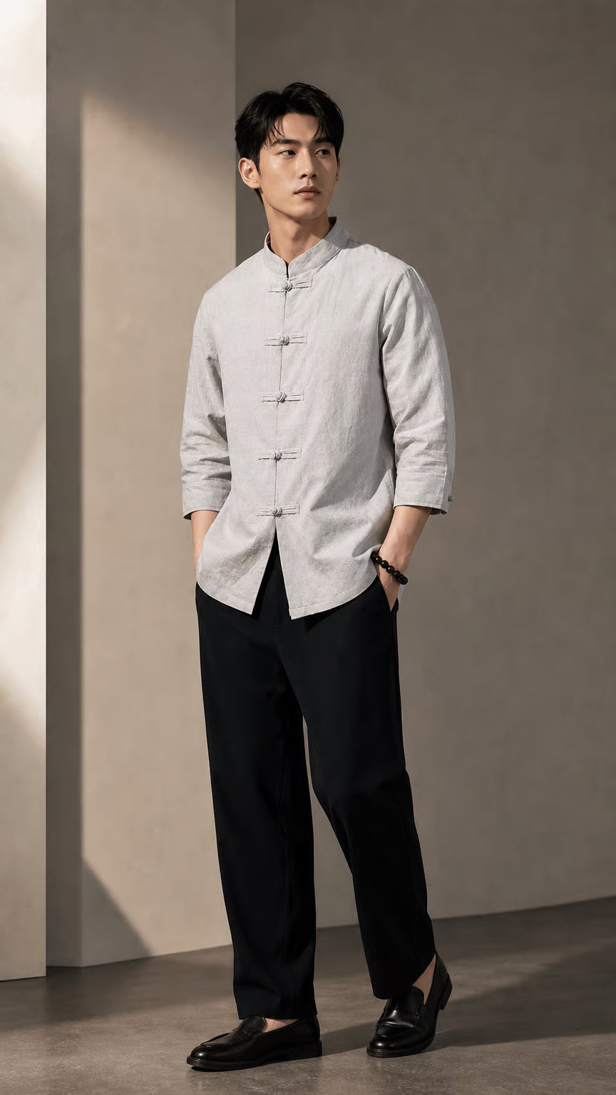 Tao One Tech™ • The Đạo 道 of Heaven &amp; Earth • Yang Trinity Top • Three-Quarter Sleeves • Cotton Linen