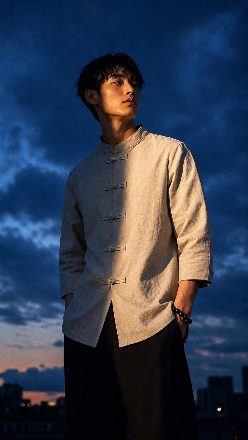 Tao One Tech™ • The Đạo 道 of Heaven &amp; Earth • Yang Trinity Top • Three-Quarter Sleeves • Cotton Linen