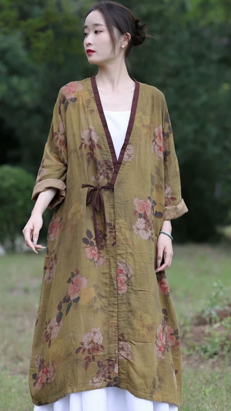 Tao One Tech™ • Zen Artistic Autumn Waves Dress • Matching Floral Kimono • Cotton Linen