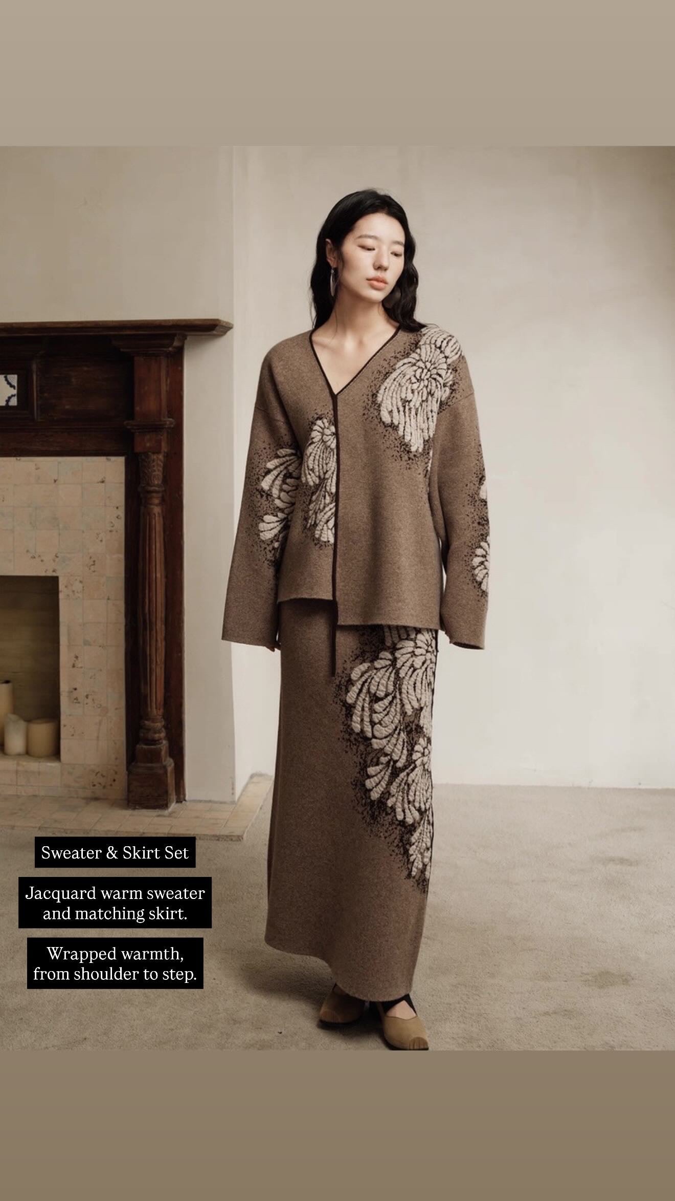 Tao One Tech™ • Painted Winter Floral Jacquard Sweater & Skirt Set