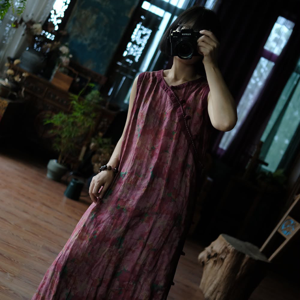 Tao One Tech™ • Zen Artistic Floral Sleeveless Dress • Ramie
