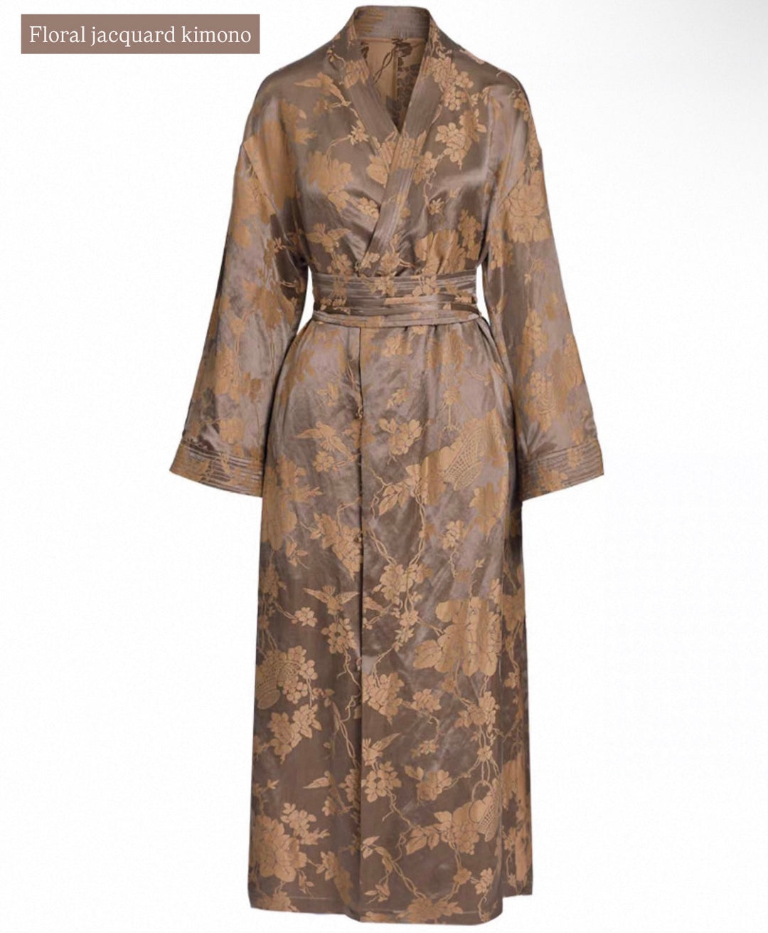 Tao One Tech™ • Golden Bronze Silk Floral Kimono Dress • Mulberry Silk Linen • Floral Jacquard Cheongsam