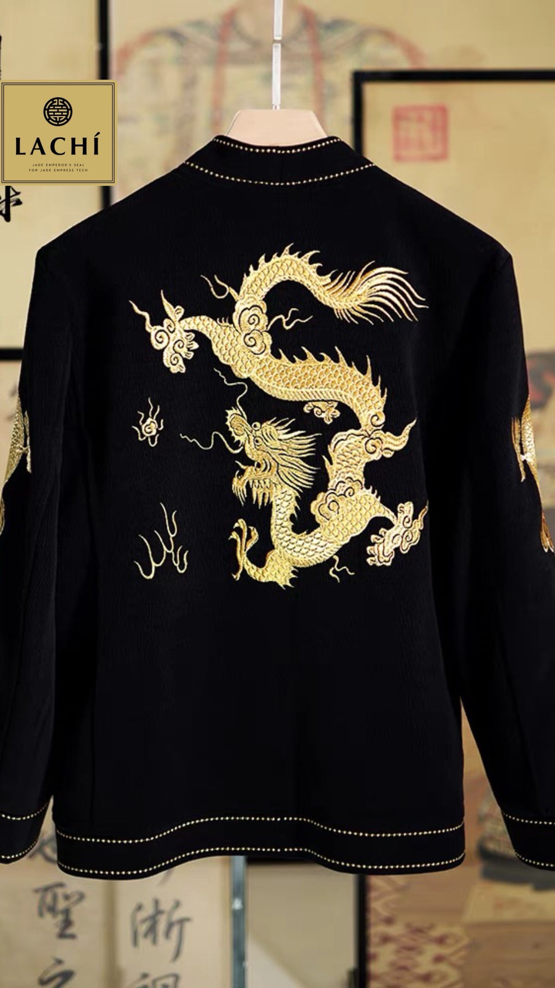 Tao Double Tech™ • Yang • Tao Golden Dragon Jacket • V-Neck • Golden Ratio Tailoring • Thermal Double-Layer • High Vibrational Art • Handmade Dragon Embroidery