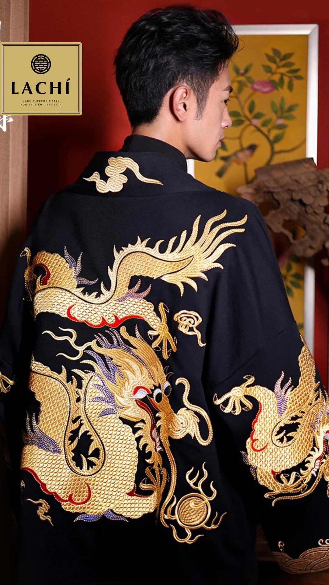 Tao Double Tech™ • Yang • Tao Golden Dragon Kimono Coat • Golden Ratio Tailoring • Thermal Double-Layer • High Vibrational Art • Handmade Dragon Embroidery