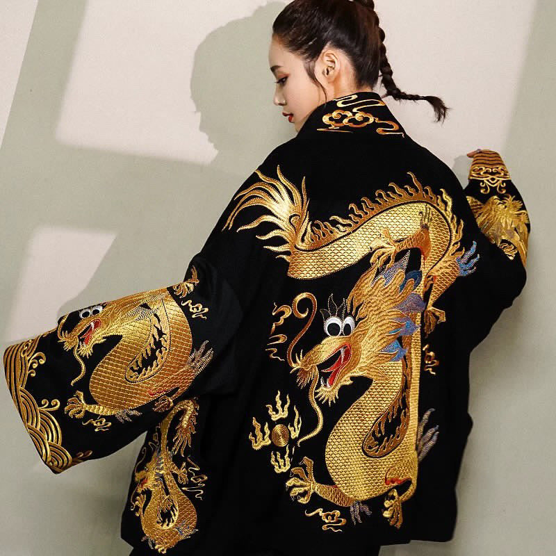 Tao Double Tech™ • Yin • Tao Golden Dragon Kimono Coat • Golden Ratio Tailoring • Flowy • Thermal Double-Layer • High Vibrational Art • Handmade Dragon Embroidery