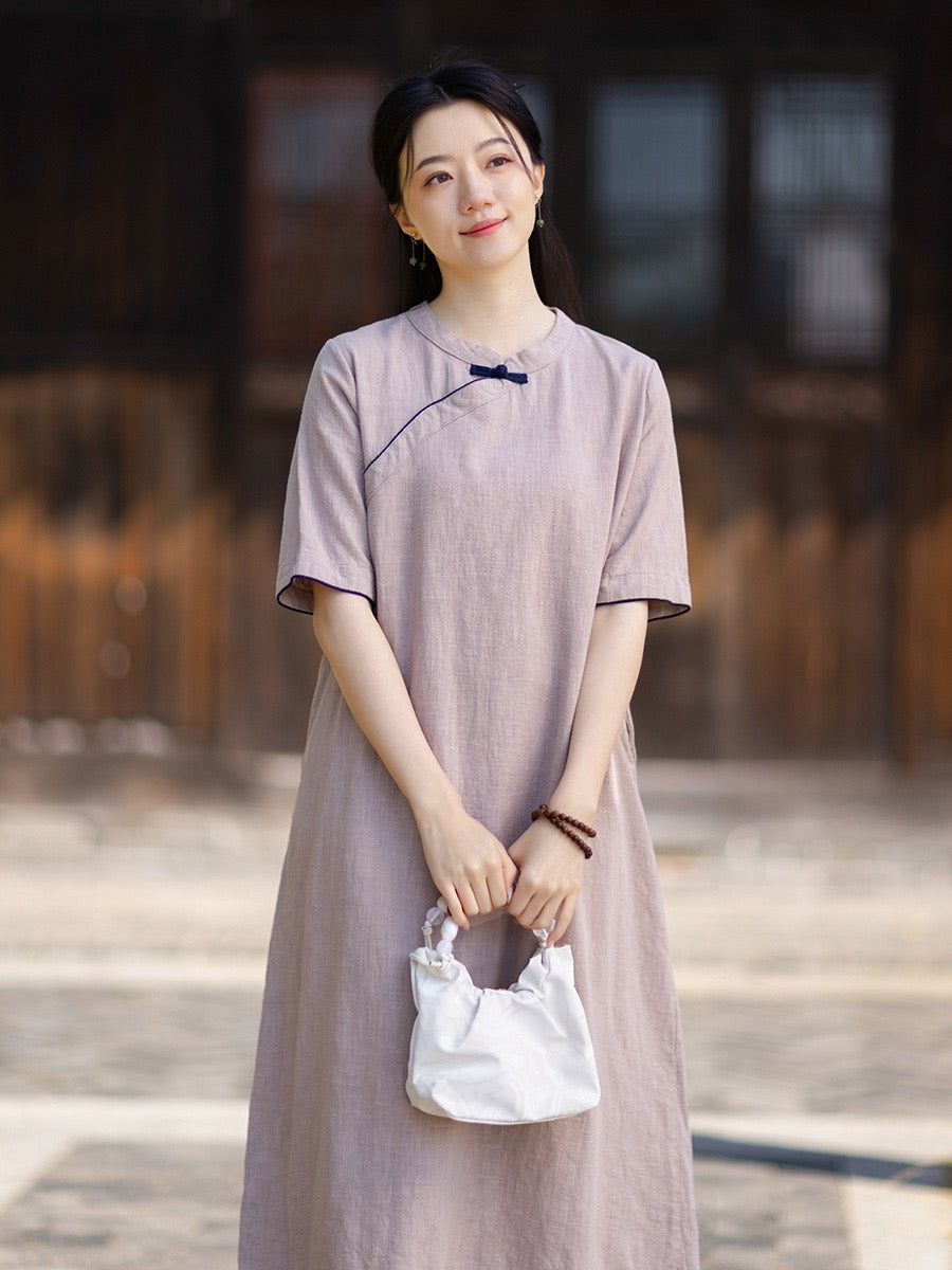 Tao One Tech™ • Business Qigong Cheongsam Dress • Chinoiserie • Long Dress • Tech Pockets • Ramie Cotton