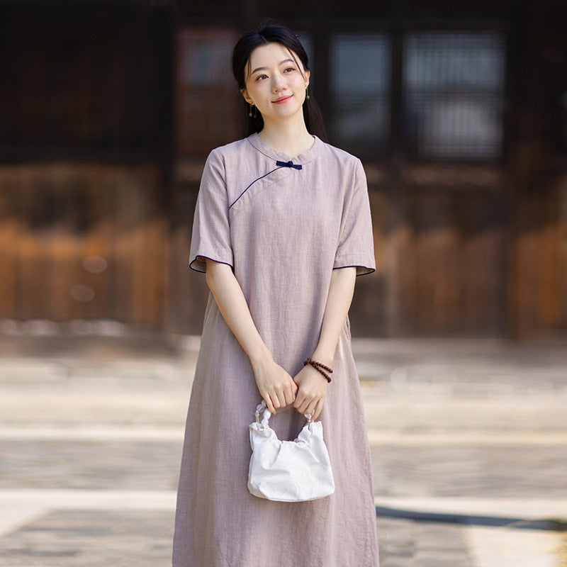 Tao One Tech™ • Business Qigong Cheongsam Dress • Chinoiserie • Long Dress • Tech Pockets • Ramie Cotton