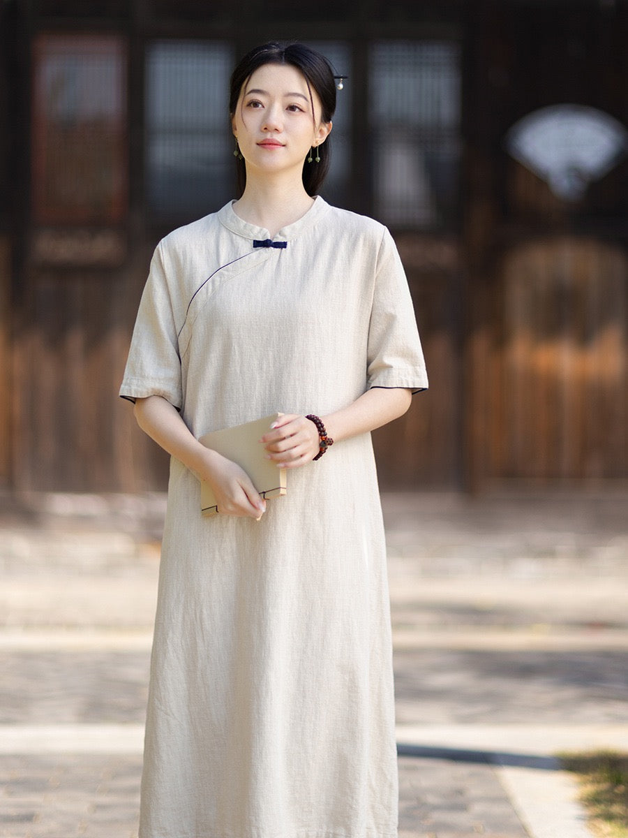 Tao One Tech™ • Business Qigong Cheongsam Dress • Chinoiserie • Long Dress • Tech Pockets • Ramie Cotton