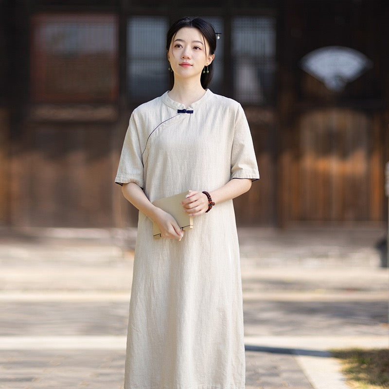 Tao One Tech™ • Business Qigong Cheongsam Dress • Chinoiserie • Long Dress • Tech Pockets • Ramie Cotton
