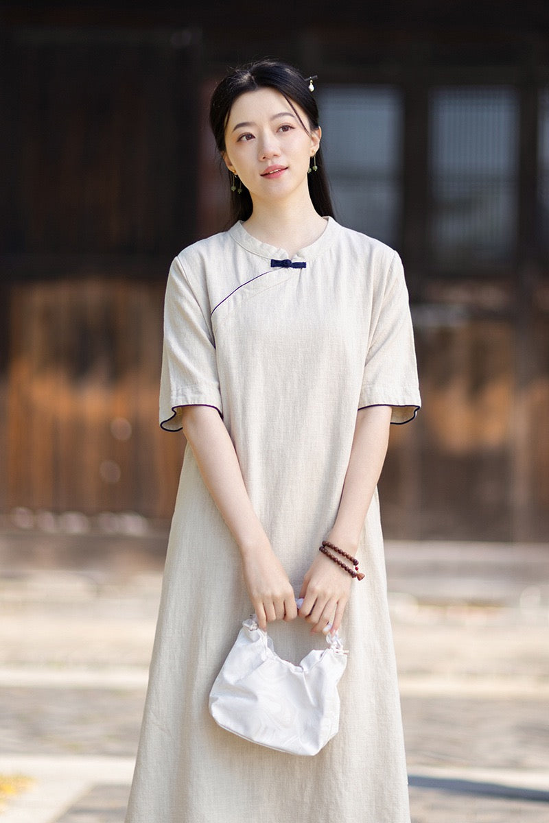 Tao One Tech™ • Business Qigong Cheongsam Dress • Chinoiserie • Long Dress • Tech Pockets • Ramie Cotton