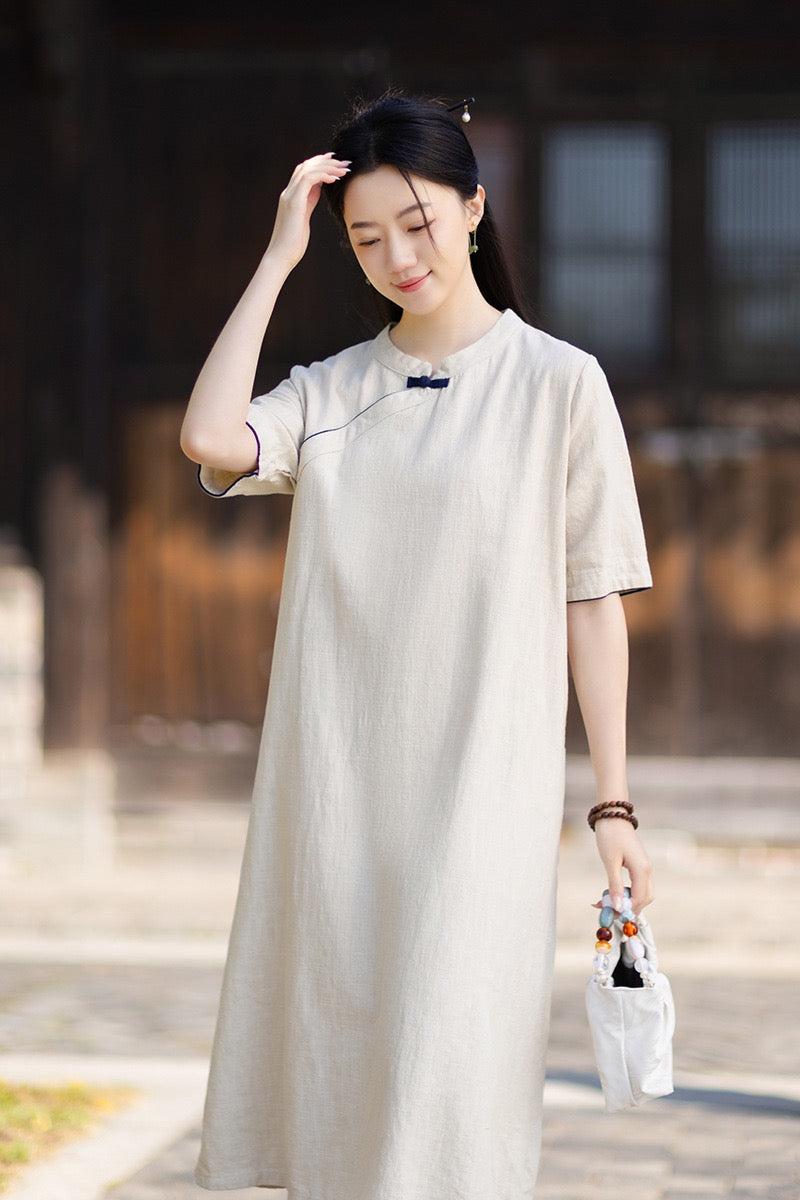 Tao One Tech™ • Business Qigong Cheongsam Dress • Chinoiserie • Long Dress • Tech Pockets • Ramie Cotton