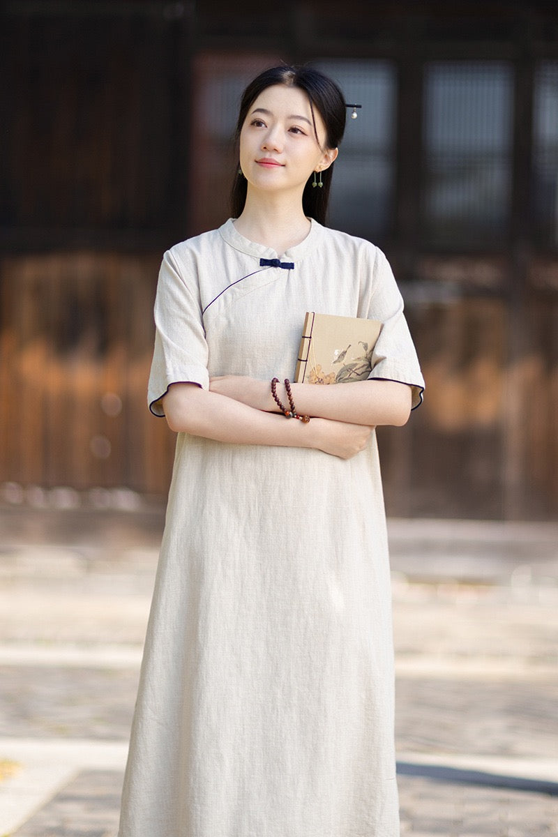 Tao One Tech™ • Business Qigong Cheongsam Dress • Chinoiserie • Long Dress • Tech Pockets • Ramie Cotton