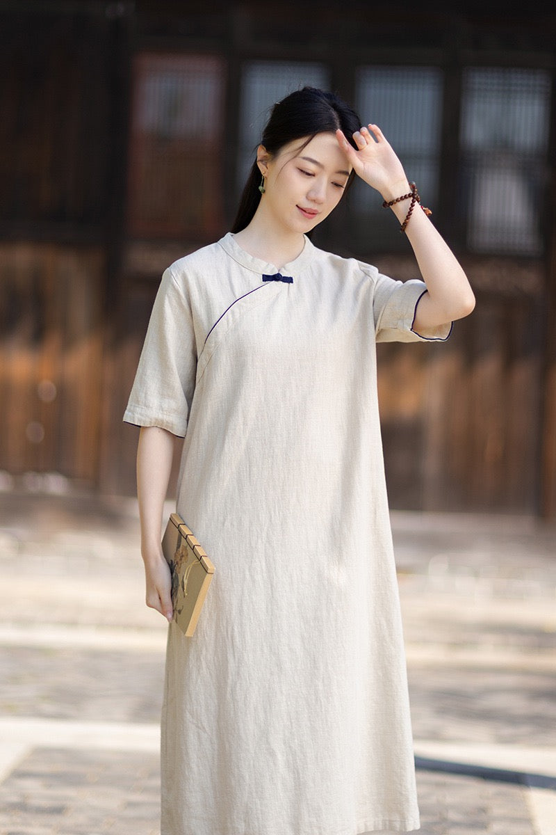 Tao One Tech™ • Business Qigong Cheongsam Dress • Chinoiserie • Long Dress • Tech Pockets • Ramie Cotton
