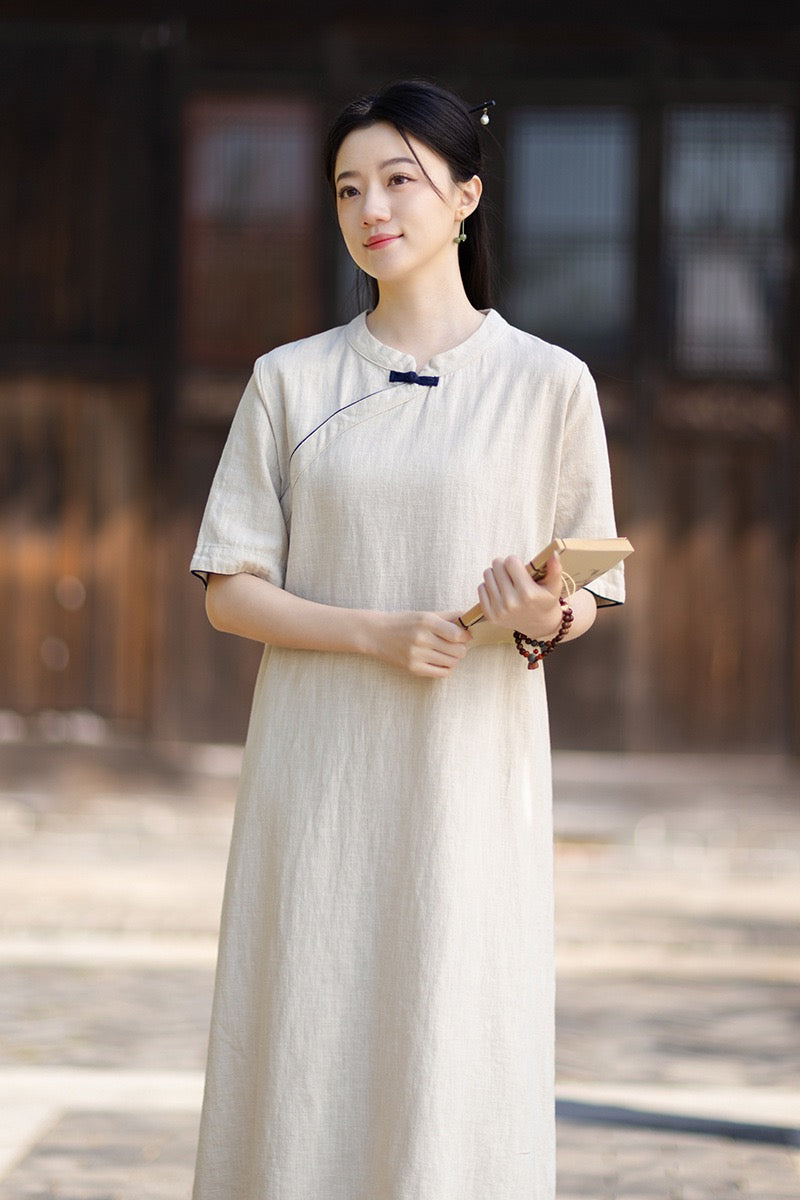 Tao One Tech™ • Business Qigong Cheongsam Dress • Chinoiserie • Long Dress • Tech Pockets • Ramie Cotton