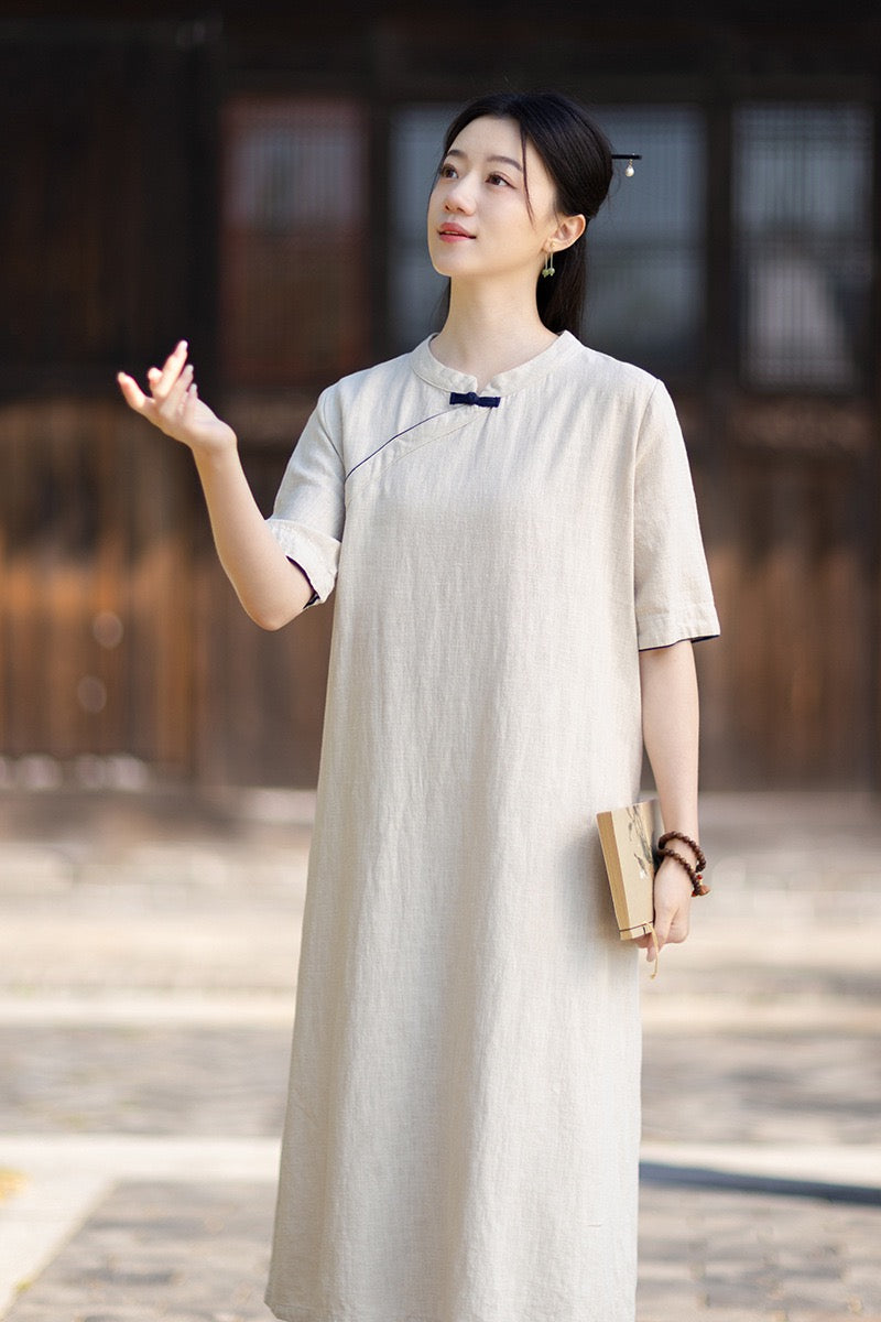 Tao One Tech™ • Business Qigong Cheongsam Dress • Chinoiserie • Long Dress • Tech Pockets • Ramie Cotton