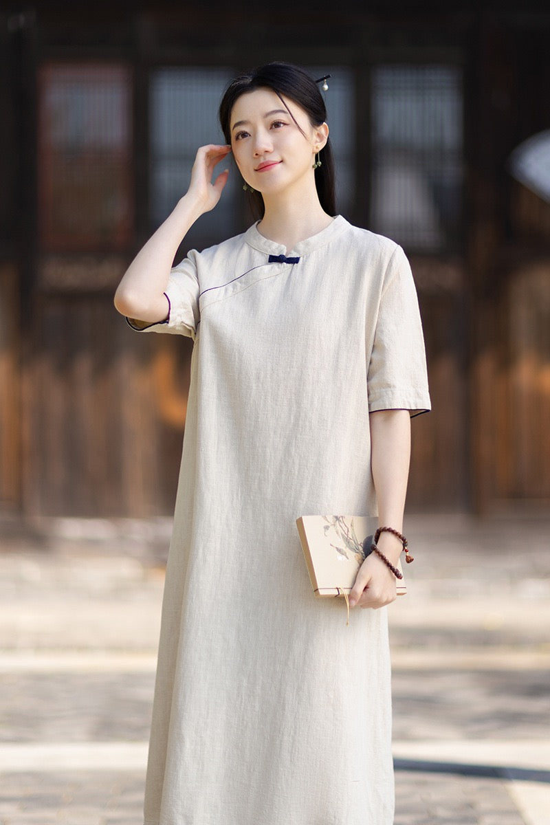 Tao One Tech™ • Business Qigong Cheongsam Dress • Chinoiserie • Long Dress • Tech Pockets • Ramie Cotton