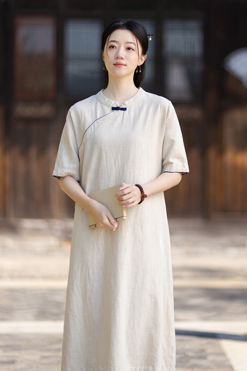 Tao One Tech™ • Business Qigong Cheongsam Dress • Chinoiserie • Long Dress • Tech Pockets • Ramie Cotton