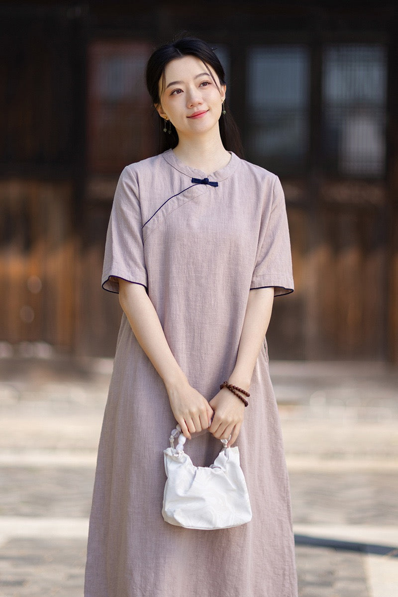 Tao One Tech™ • Business Qigong Cheongsam Dress • Chinoiserie • Long Dress • Tech Pockets • Ramie Cotton