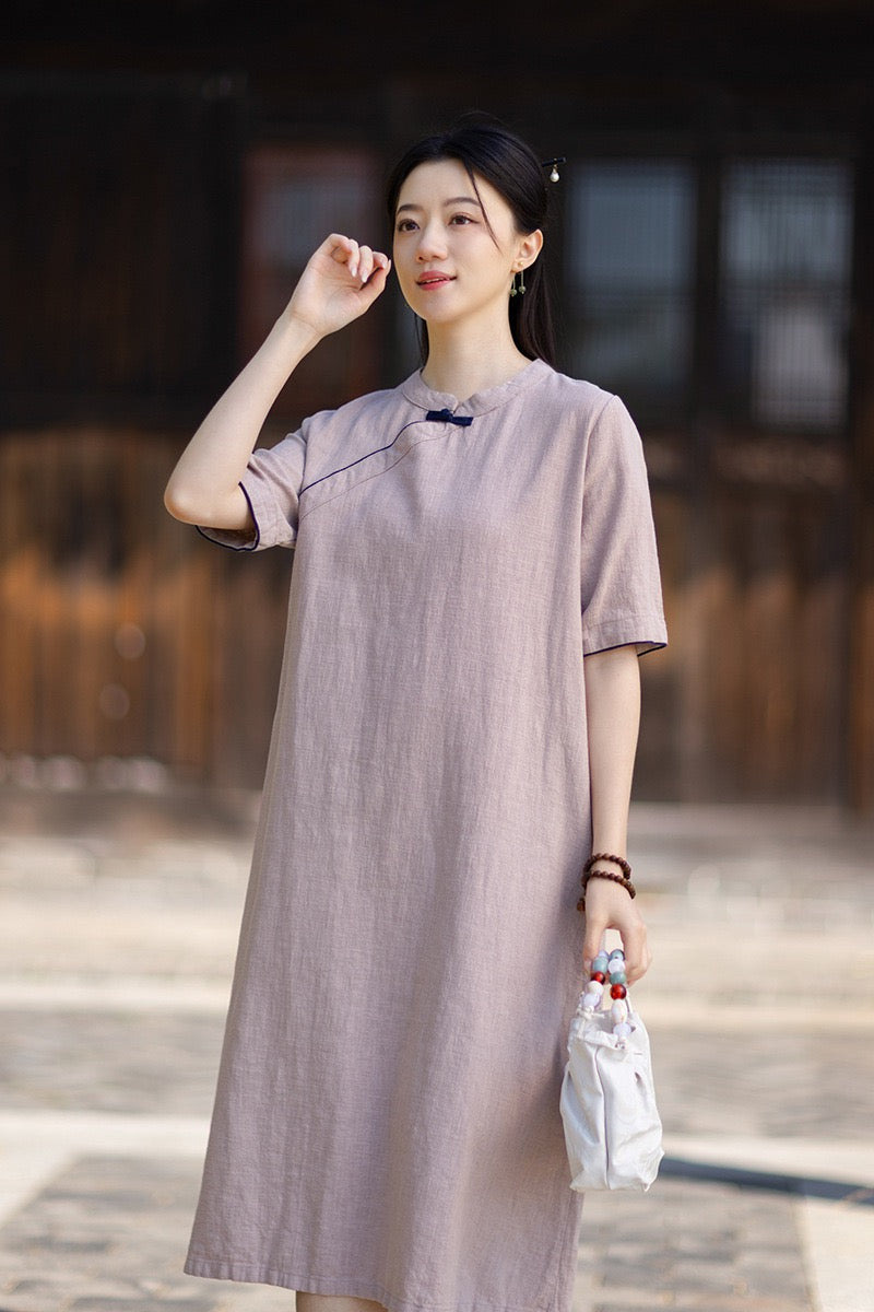 Tao One Tech™ • Business Qigong Cheongsam Dress • Chinoiserie • Long Dress • Tech Pockets • Ramie Cotton