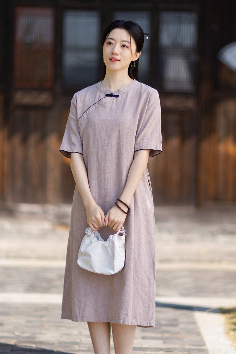 Tao One Tech™ • Business Qigong Cheongsam Dress • Chinoiserie • Long Dress • Tech Pockets • Ramie Cotton