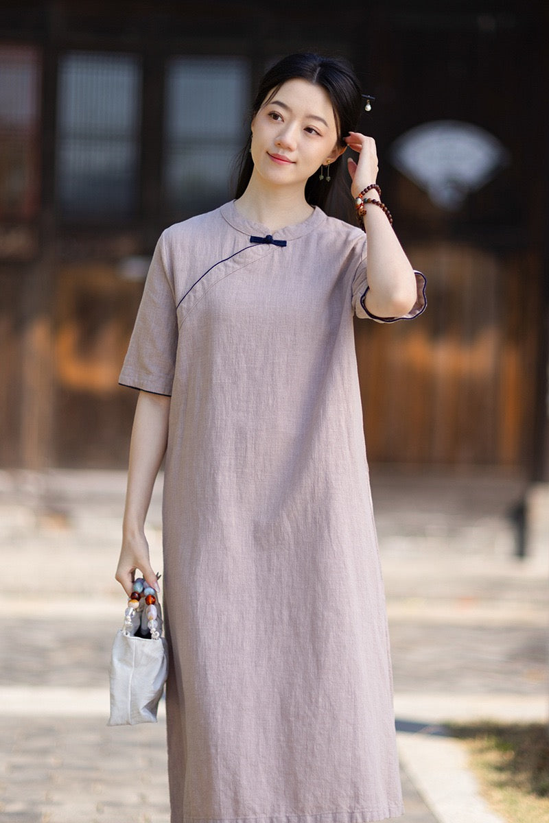 Tao One Tech™ • Business Qigong Cheongsam Dress • Chinoiserie • Long Dress • Tech Pockets • Ramie Cotton