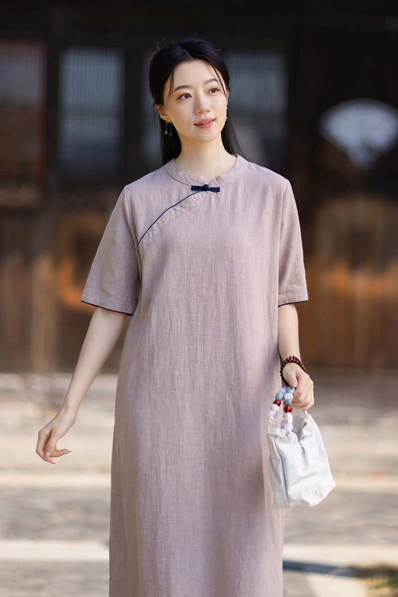 Tao One Tech™ • Business Qigong Cheongsam Dress • Chinoiserie • Long Dress • Tech Pockets • Ramie Cotton