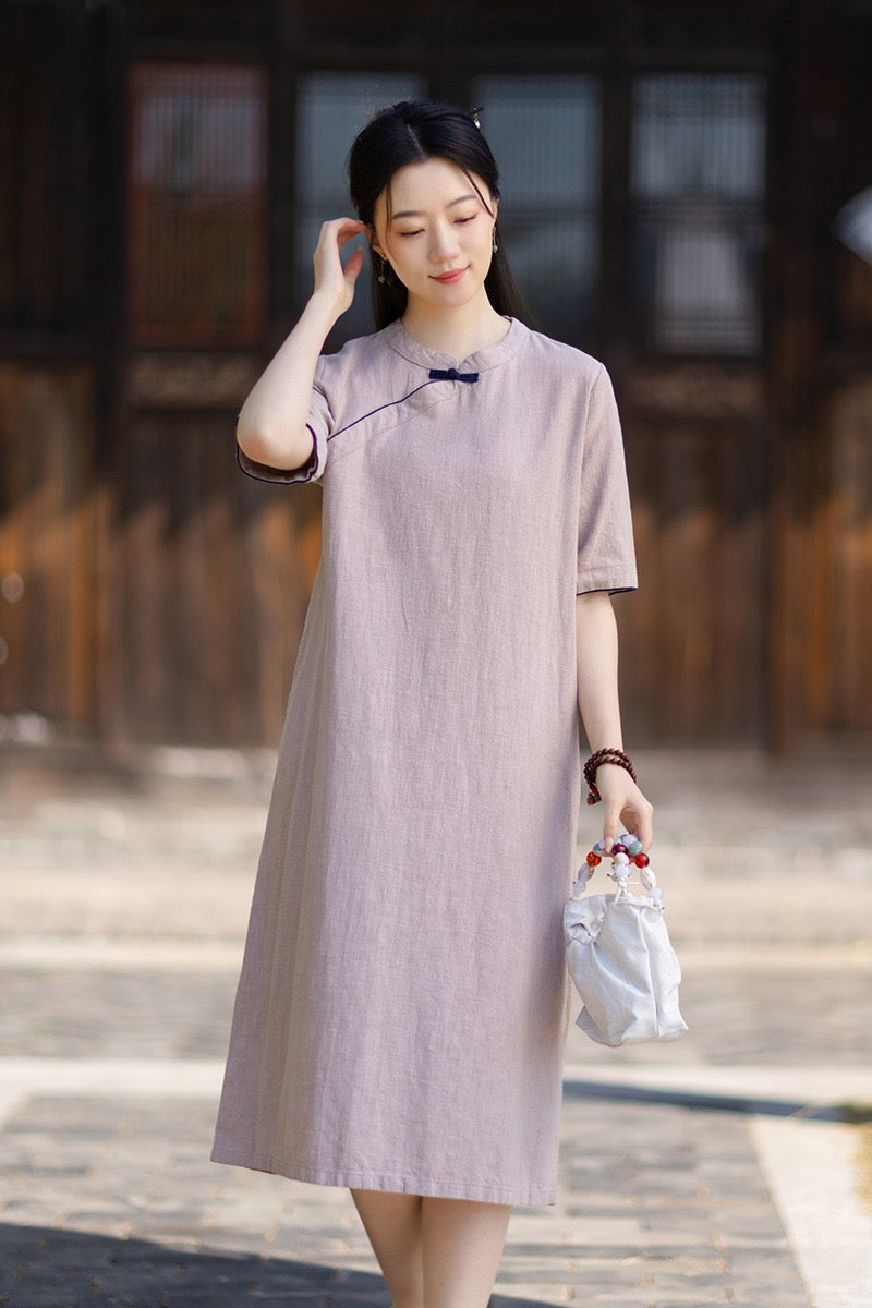 Tao One Tech™ • Business Qigong Cheongsam Dress • Chinoiserie • Long Dress • Tech Pockets • Ramie Cotton