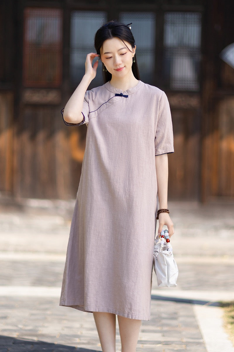 Tao One Tech™ • Business Qigong Cheongsam Dress • Chinoiserie • Long Dress • Tech Pockets • Ramie Cotton