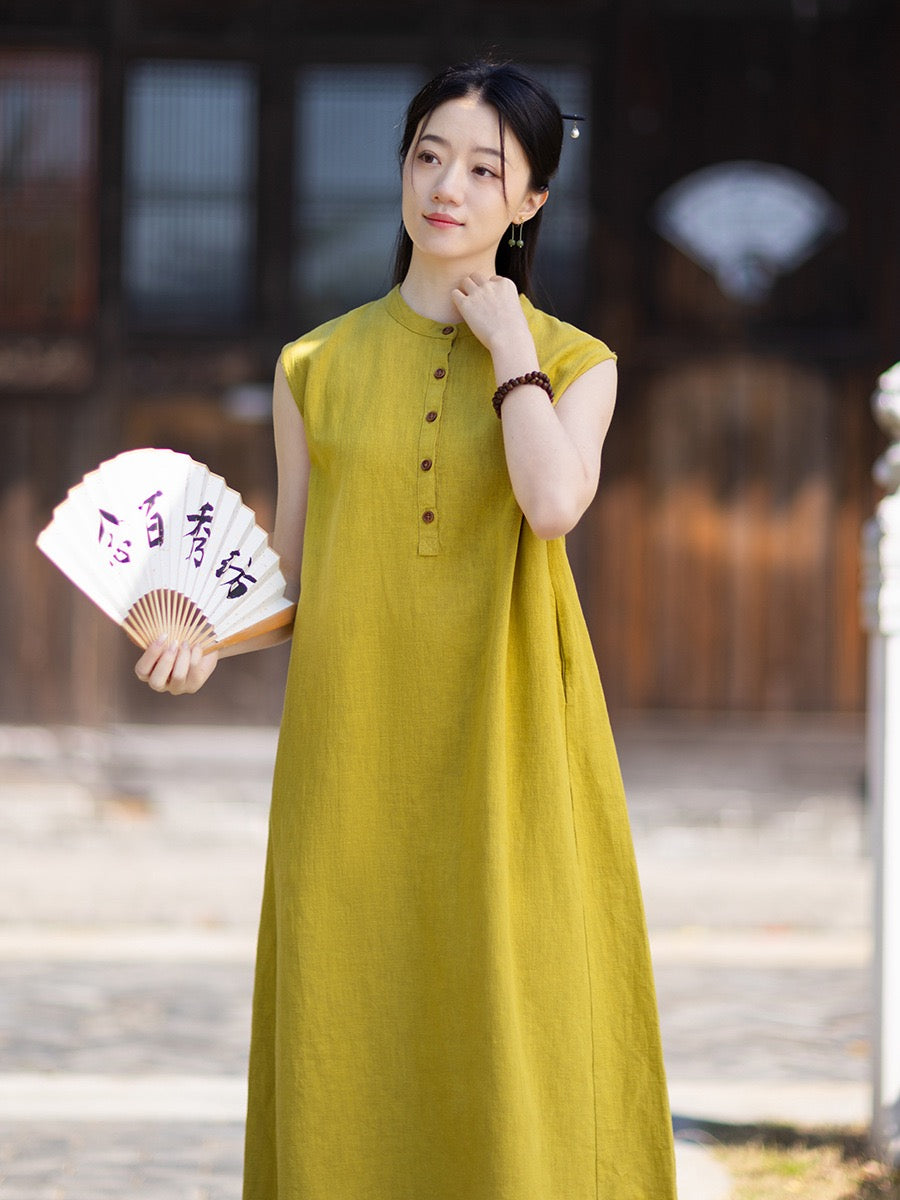 Tao One Tech™ • Business Qigong Cheongsam Dress • Minimal Style • Chinoiserie • Zen Midi Dress • Tech Pockets • Ramie Cotton
