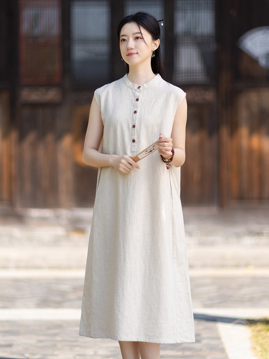 Tao One Tech™ • Business Qigong Cheongsam Dress • Minimal Style • Chinoiserie • Zen Midi Dress • Tech Pockets • Ramie Cotton