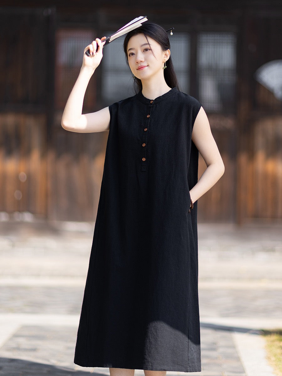 Tao One Tech™ • Business Qigong Cheongsam Dress • Minimal Style • Chinoiserie • Zen Midi Dress • Tech Pockets • Ramie Cotton