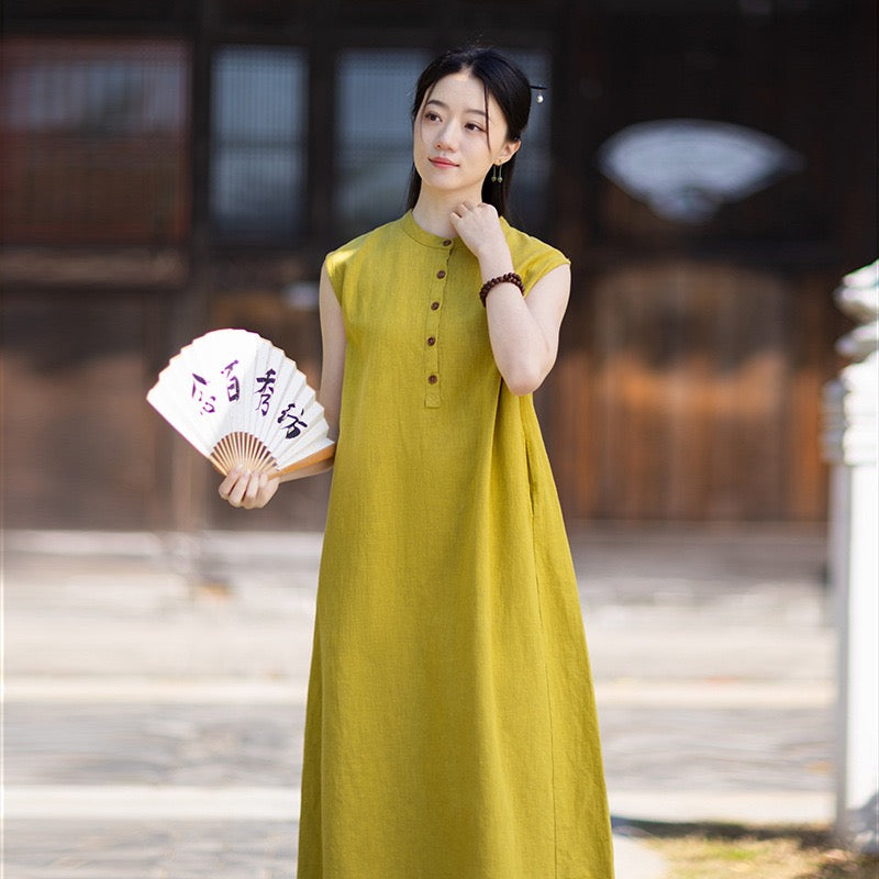 Tao One Tech™ • Business Qigong Cheongsam Dress • Minimal Style • Chinoiserie • Zen Midi Dress • Tech Pockets • Ramie Cotton