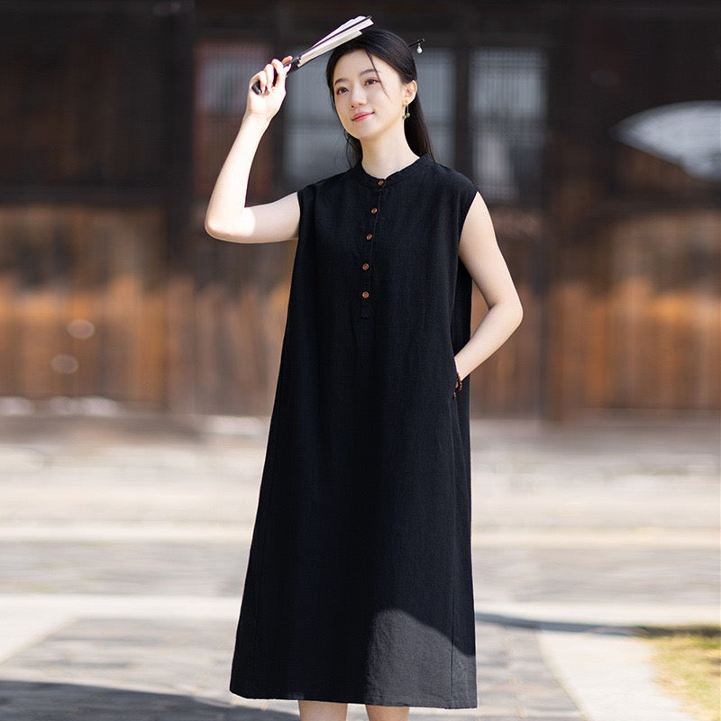 Tao One Tech™ • Business Qigong Cheongsam Dress • Minimal Style • Chinoiserie • Zen Midi Dress • Tech Pockets • Ramie Cotton